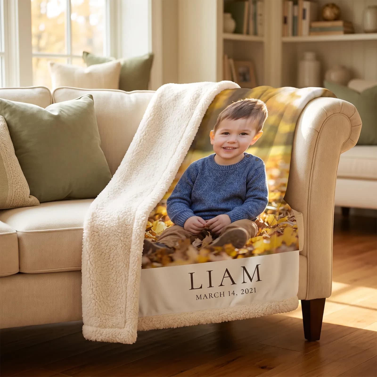A keepsake blanket printed with a young boy in a blue sweater, his name and birth date beneath, draped over a cream sofa