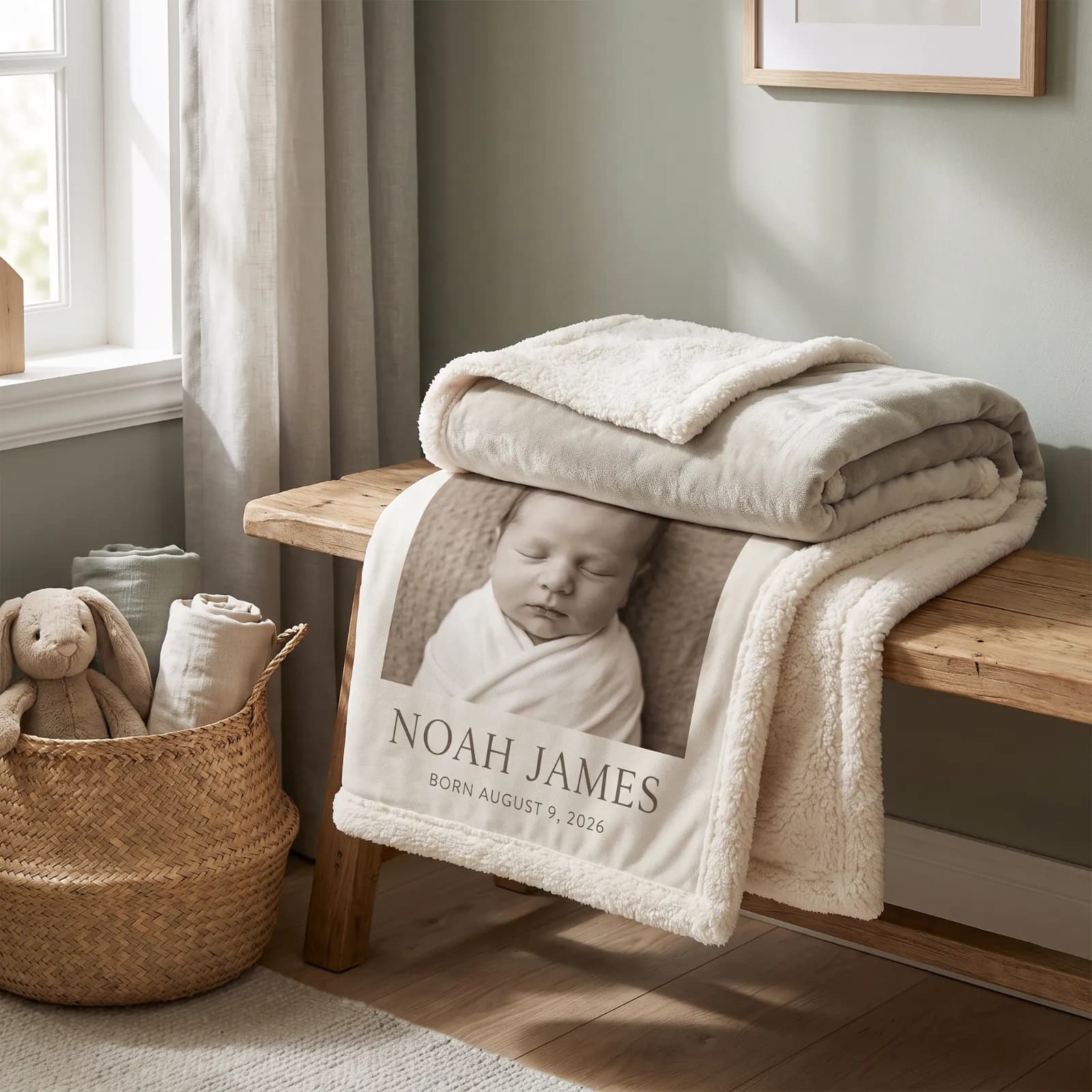 A newborn keepsake blanket folded on a wooden bench in a nursery, printed with a sleeping baby, his name and the day he was born