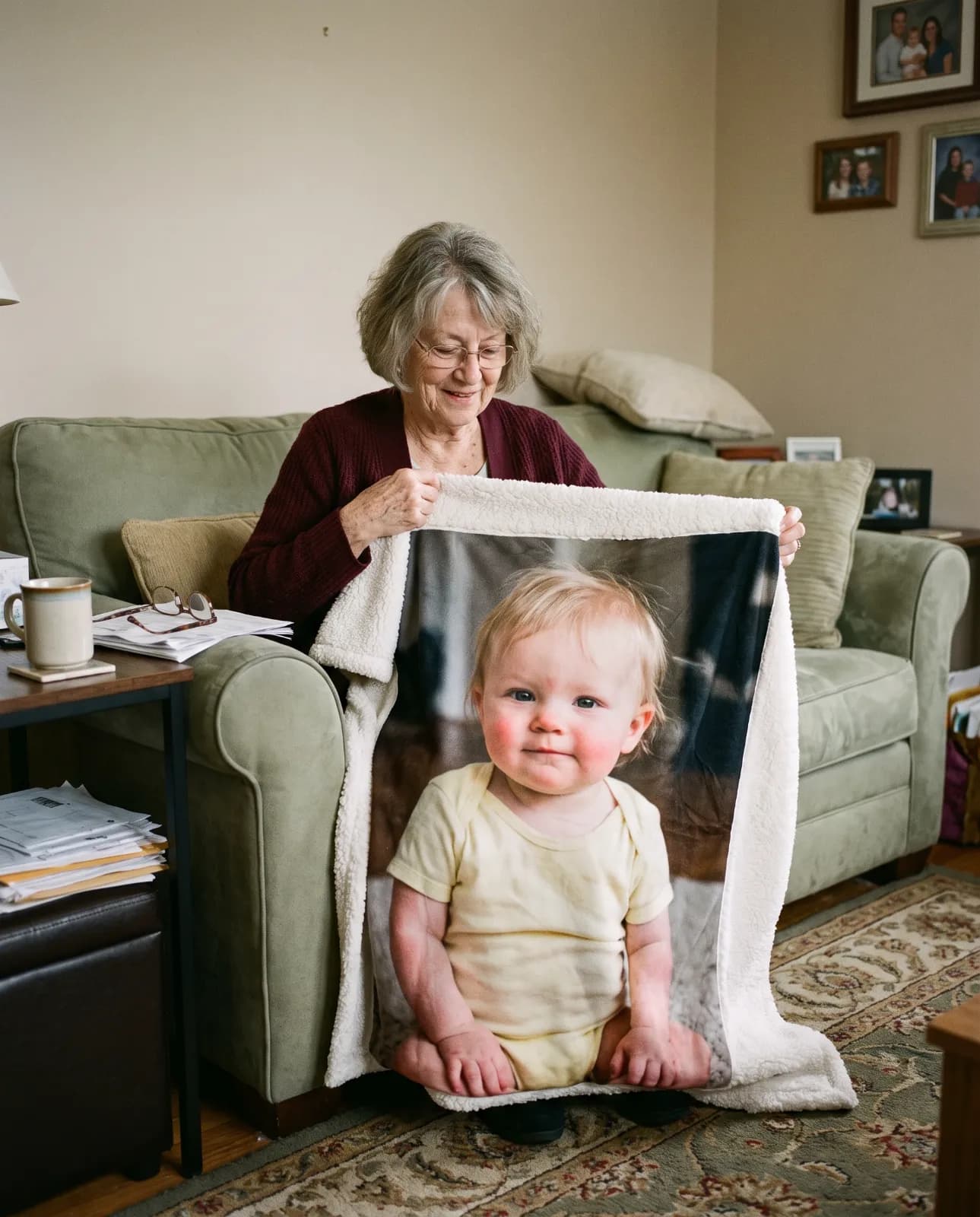 A grandmother sitting in her living room holding up a photo blanket of her grandchild