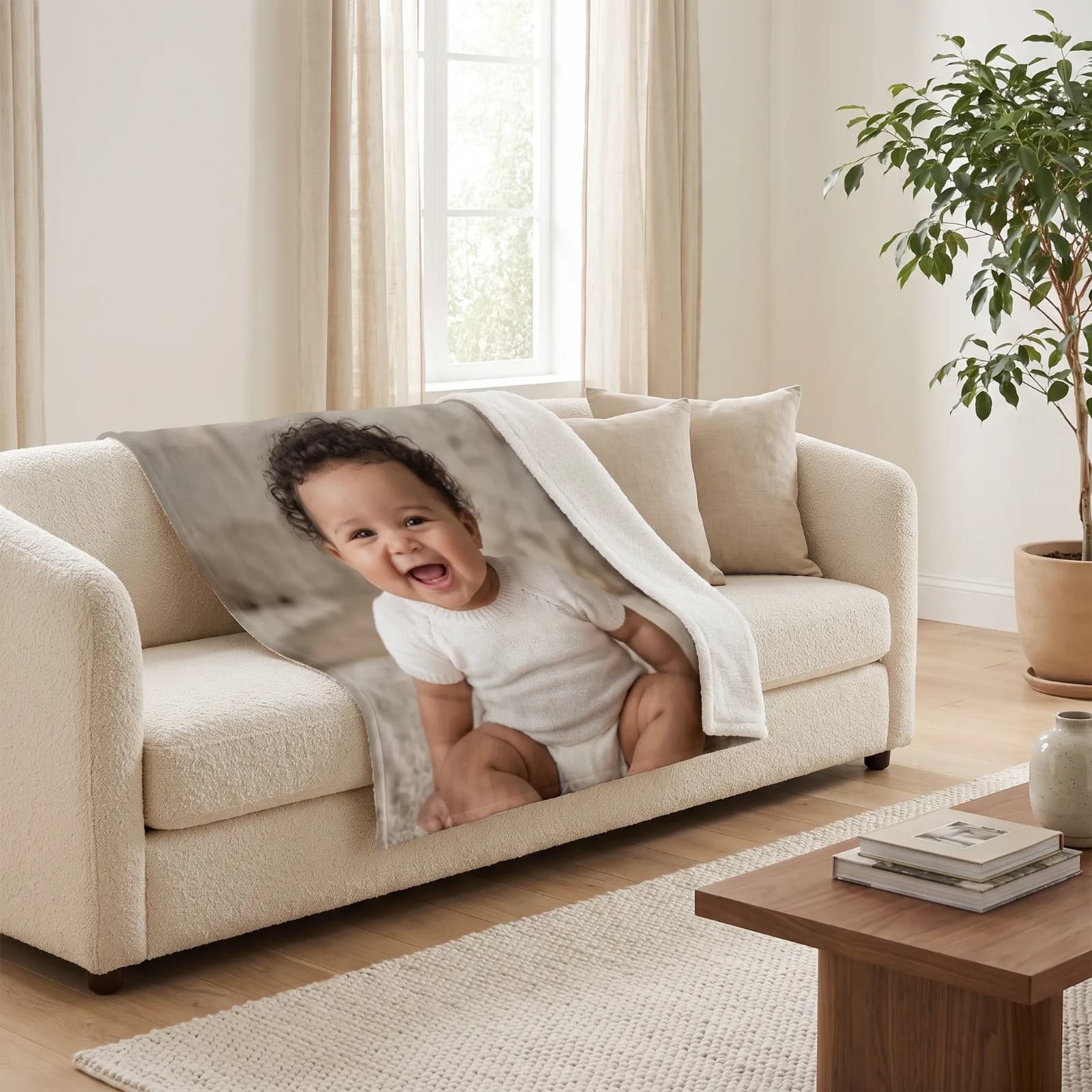 A finished keepsake blanket spread across a sofa, printed edge to edge with a family photograph